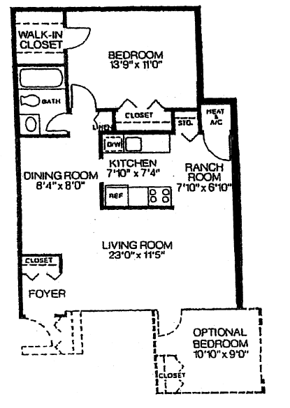 Floor plan for 1 bed, 1 bath, 757 sqft